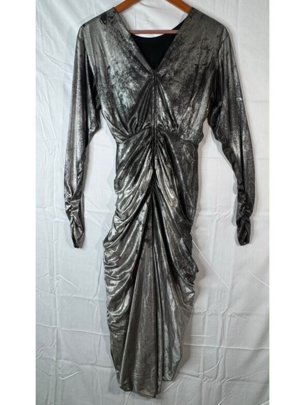 Night Moves Dress Womens SSilver Metallic Ruched Rhinestone Long Sleeve EUC